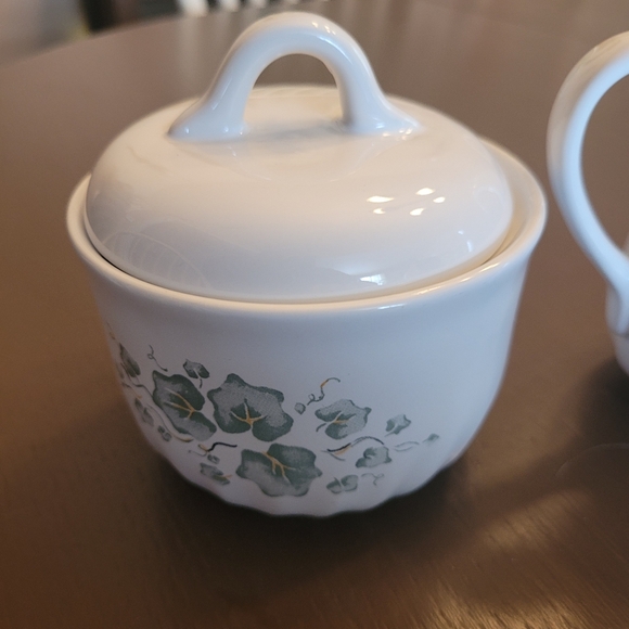 Corelle White Cream and Sugar Bowl with Green Floral Design - Picture 3 of 4